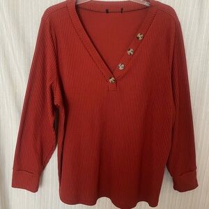 Source Unknown Rust Red Ribbed V-Neck Button Front Top